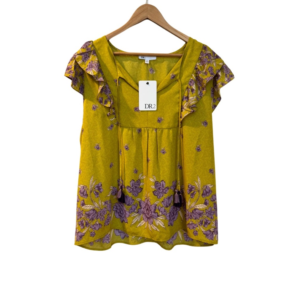 DR2 Yellow Purple Floral Boho Blouse XXL NWT | Cottagecore Flowy Ruffle Top